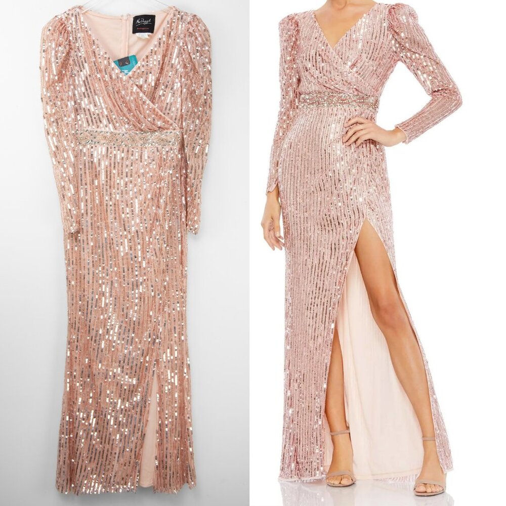 Mac Duggal Maxi Dress V-Neck Formal Sequin Evening Rose Pink 93549 Size 4 New - Picture 1 of 9